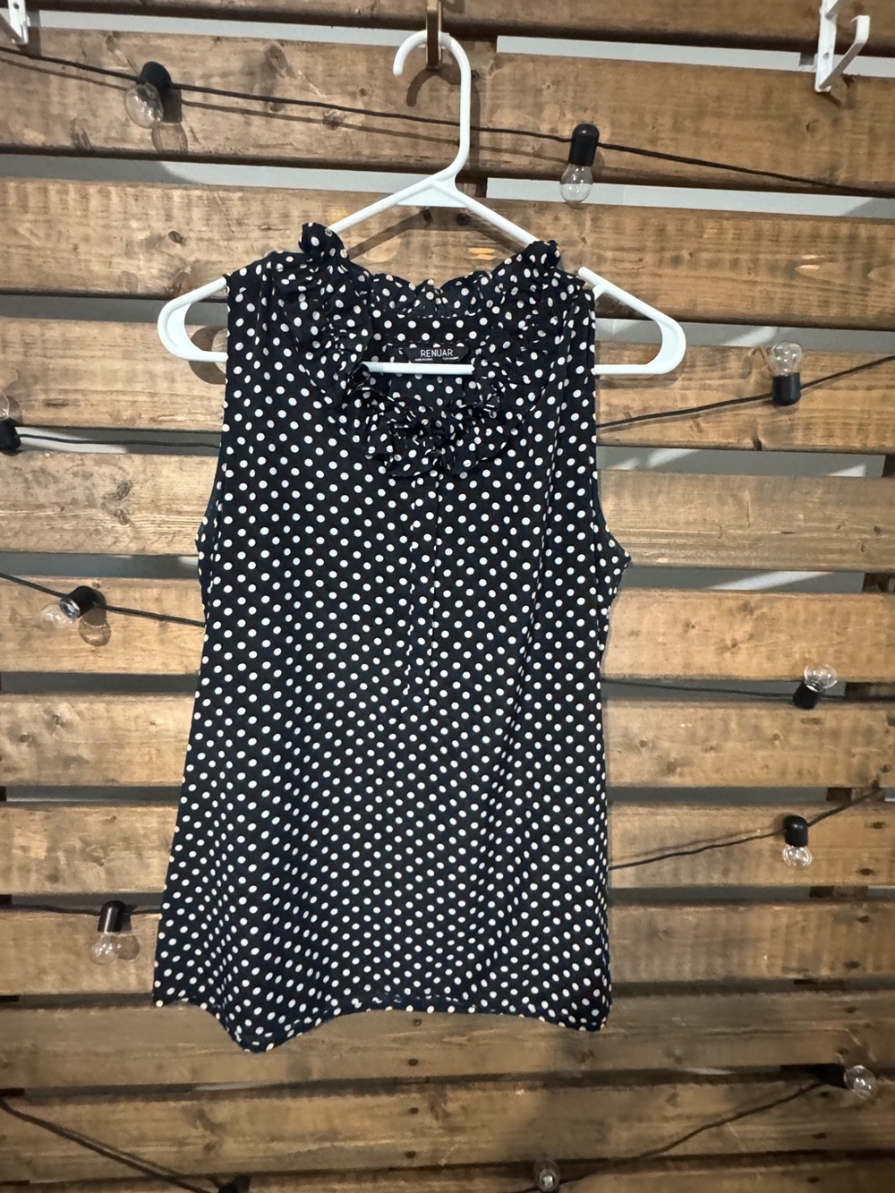 Renuar Black White Polka Dot Ruffle Neck Sleeveless Blouse Size 4